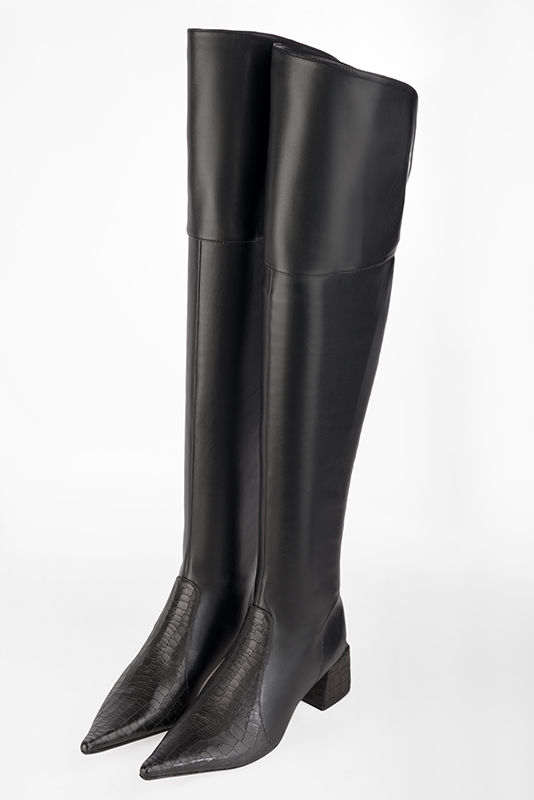 Satin black women's leather thigh-high boots. Pointed toe. Medium block heels. Made to measure. Front view - Florence KOOIJMAN